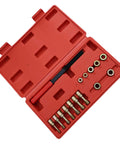 Ultimate 15 Piece Thread Repair Kit With Taps And Dies Plus Double Ended File To Fix Stripped Bolts On Steel And Aluminum Without Breaking The Bank At Home Or In The Shop. Red case with metric taps and dies