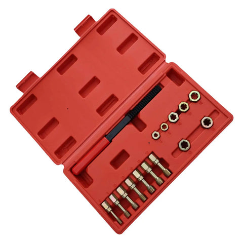 Ultimate 15 Piece Thread Repair Kit With Taps And Dies Plus Double Ended File To Fix Stripped Bolts On Steel And Aluminum Without Breaking The Bank At Home Or In The Shop. Red case with metric taps and dies
