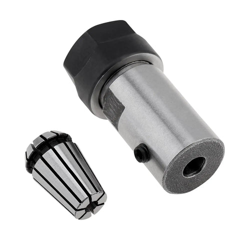 Beefy CNC Spindle Motor Kit For DIY Routers 12-24V DC 4000-8500RPM With 5mm ER11 Collet, metal body, shown with collet and spindle parts.