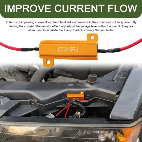 2 Pack 50W 6 Ohm LED Turn Signal Load Resistors With Quick Wire Clips Aluminum Shell shown installed in car engine bay.
