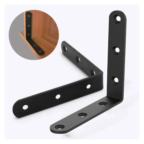 Slick Black Metal Corner Brackets For Shelves And Cabinets L Shaped Wall Support with holes for easy mounting.