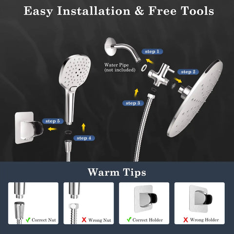 Installation guide for 9 Inch Adjustable Rain Shower Head and High Pressure Handheld Spray Combo with Holder and Leakproof Hose.