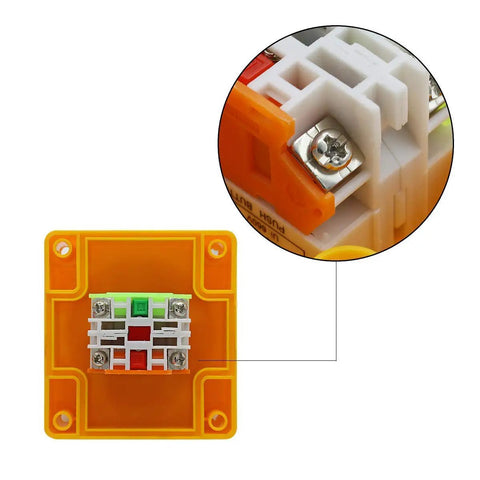 Back view of Emergency Stop Push Button Switch 40mm Red Mushroom Cap 660V 10A DPST Momentary 1NO 1NC Electric Control Button with wiring detail