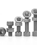 10 Piece Ta2 Titanium Knurled Socket Head Cap Screw Nut And Flat Washer Combination Kit M4x8mm in various sizes.