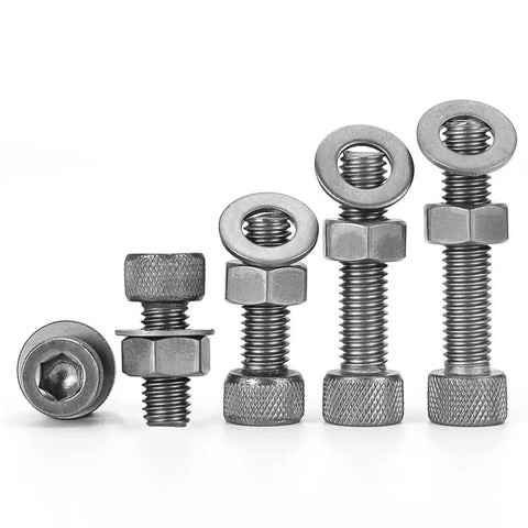 10 Piece Ta2 Titanium Knurled Socket Head Cap Screw Nut And Flat Washer Combination Kit M4x8mm in various sizes.