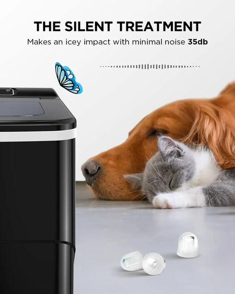 Scooper Free Nugget Ice Maker On Your Countertop Drops Soft Chewy Ice Straight Into Your Glass In Under Ten Minutes Plus Cleaning Tabs, with dog and cat nearby.