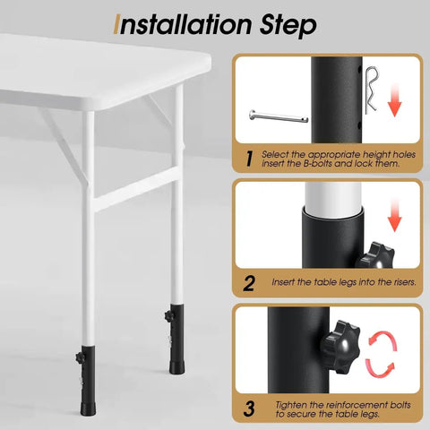 Installation steps for Heavy Duty Adjustable Table Risers And Leg Extenders Four Pack with tool usage details.