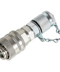 Metal hydraulic pressure test coupling with knurled grips and safety chain