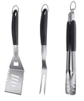 Front view of HAUSHOF 3-piece stainless steel grill tool set with black handles: spatula, fork, and tongs.