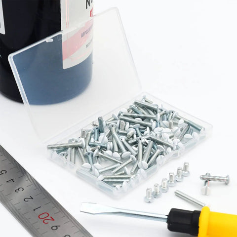 Open box of 100 Pack White Wall Plate Screws With Assorted Lengths Three Eighths Inch Nine Sixteenths Inch Three Fourths Inch And One Inch Six Thirty Two Thread Perfect Replacement For Outlet Covers Light Switch Plates Must Have For DIYers with screwdriver and ruler