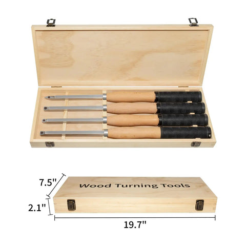 Top Shelf Carbide Wood Lathe Turning Tool Kit With Beefy Anti Slip Rubber Handles And Rust Proof Steel Cores in wooden case.