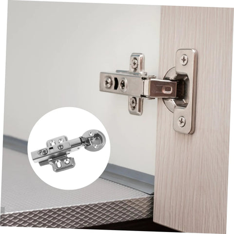 Installed stainless steel cabinet hinge with hydraulic buffer on wood kitchen door; inset shows close-up view