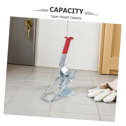 Super Tough Two Pack Heavy Duty Toggle Latch Clamps With Galvanized Iron Build And Massive 2183 Pound Holding Power For Your Work Jigs Or Chest Drawers, resting on tiled floor.
