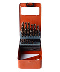 Badass 25 Piece Cobalt Hss Drill Bit Kit Featuring Rugged Heavy Duty Straight Shank Grip And Solid Storage Case, open view with drill bits.