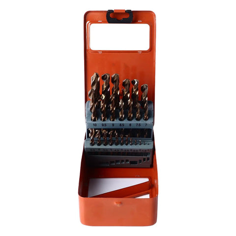 Badass 25 Piece Cobalt Hss Drill Bit Kit Featuring Rugged Heavy Duty Straight Shank Grip And Solid Storage Case, open view with drill bits.