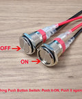 2 Pack Waterproof Latching Push Button Switch 0 To 250V Variants Including 5V 12V 24V 110V 220V 10 Amp Stainless Steel 16mm With Connector Wire Built Tough For DIY Projects And Everyday Gadgets. Stainless steel 16mm latching push button switches with connector wires, shown ON and OFF.