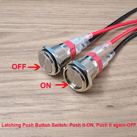 2 Pack Waterproof Latching Push Button Switch 0 To 250V Variants Including 5V 12V 24V 110V 220V 10 Amp Stainless Steel 16mm With Connector Wire Built Tough For DIY Projects And Everyday Gadgets. Stainless steel 16mm latching push button switches with connector wires, shown ON and OFF.