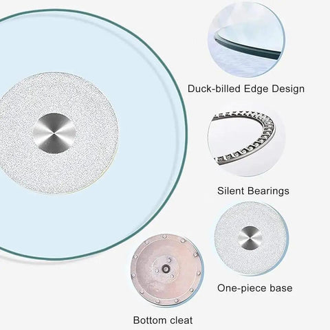 Heavy Duty Tempered Glass Lazy Susan Turntable No Sweat Smooth Spinner For Dining Tables Silent Round Clear Serving Tray 100cm top view showing duck-billed edge and silent bearings
