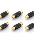 Straight Fire Gold Plated Rca Female To Female Coupler Extender in a 6-Pack, compact 0.43 x 1.24 inch size for audio connections.