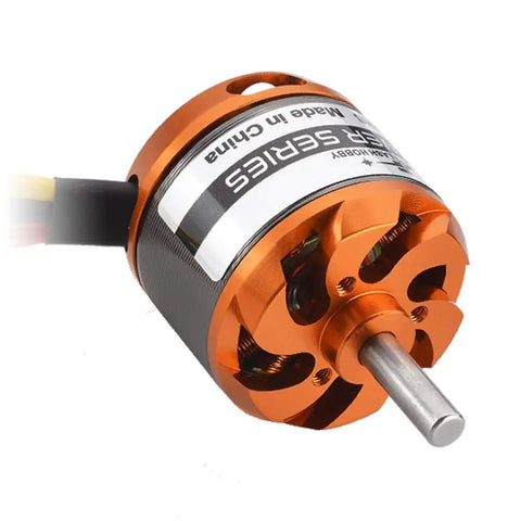 Close-up of 3536 Brushless Outrunner Motor 1250KV for RC planes, quads, orange aluminum and copper windings, 10-inch builds