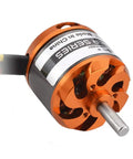 Close-up of Beefy 910KV Brushless Outrunner Motor for RC planes and drones, featuring orange casing and rotor shaft.