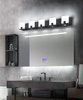 Slick Black LED Vanity Light 4 Light Modern Bath Fixtures Above Mirror Dimmable Wall Mount Matte Black Back Plate With White Acrylic