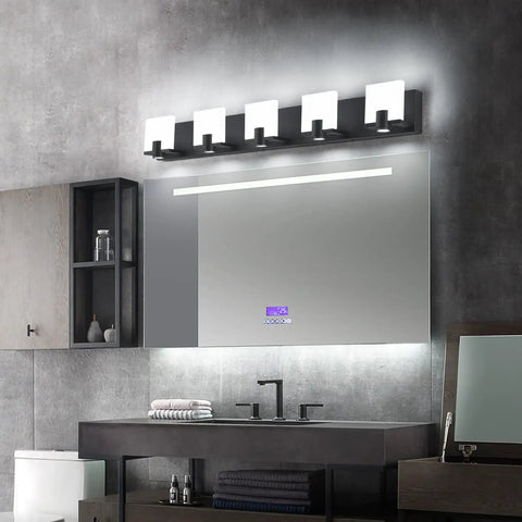 Slick Black LED Vanity Light 4 Light Modern Bath Fixtures Above Mirror Dimmable Wall Mount Matte Black Back Plate With White Acrylic