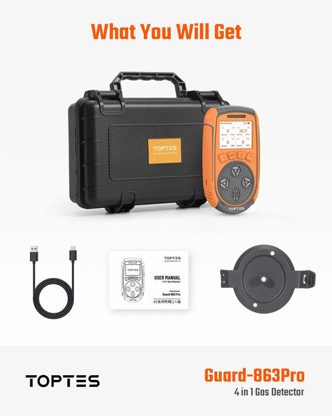 Guard 863Pro Four Gas Monitor with case, USB cable, user manual, and mounting plate
