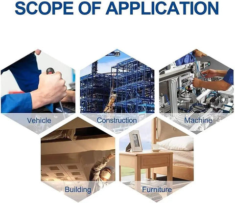 Scope of application showing vehicle, construction, machine, building, and furniture uses in hexagonal images