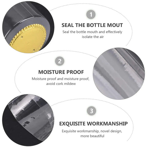 100 Piece Clear PVC Heat Shrink Wine Bottle Caps showing moisture proof features and exquisite workmanship details.