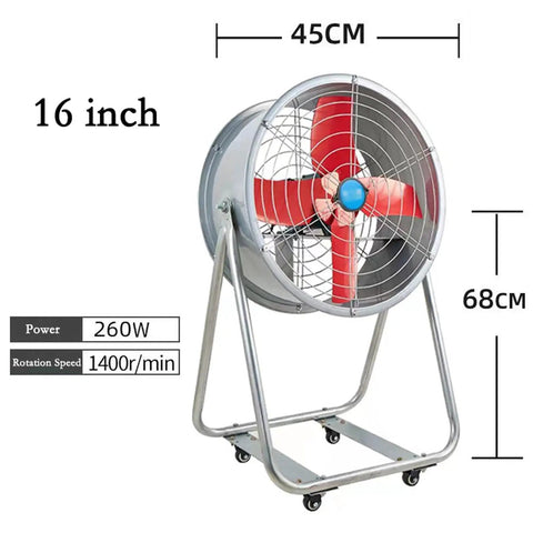 Indestructible 16 Inch Industrial Floor Fan With Rolling Wheels And Whisper Quiet Motor For Garage Shop Warehouse Or Driveway Cooling Badass That Cranks Out Sick Airflow Daily, showing red blades and metal frame.