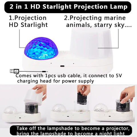 Starry Night Light Projector For Kids Dual Mode Sea And Galaxy Nebula with 360 Degree Rotation, showing both modes and USB power