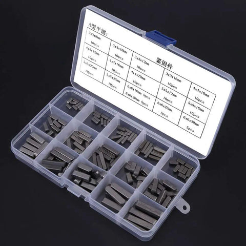 Open box displaying Round Ended Feather Keys Set 140 Piece For Keyways And Fasteners In Mechanical And Industrial Projects