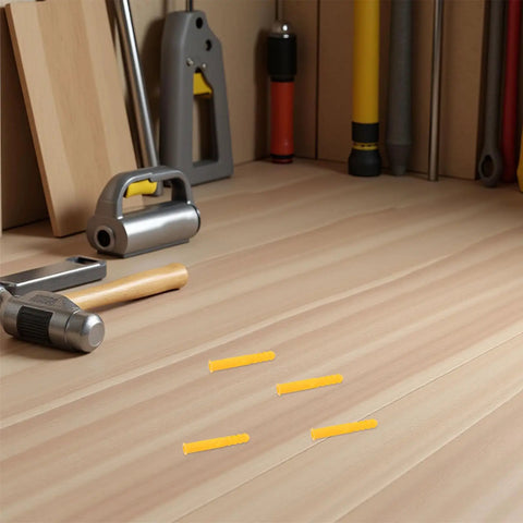 Four yellow wall plugs from 200 Pack Yellow Self Drilling Ribbed Wall Plugs Set for Drywall and Hollow Walls on a wooden surface