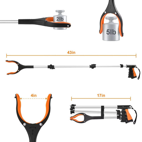 43in foldable grabber tool with rotating jaw and magnets; orange/black handle and 4in claw opening.