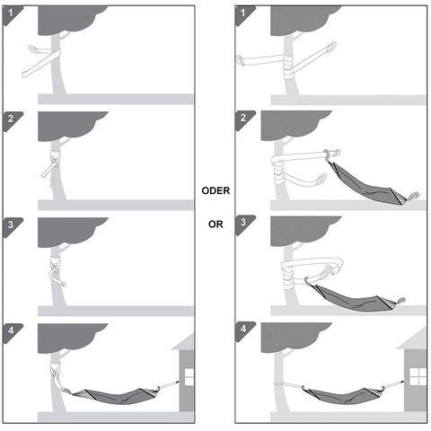 Illustration showing steps to set up a Double Hammock For Two People Outdoor Chill Zone Relaxation 98.4 x 59.1 Inches With 660 Pound Capacity.