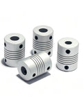 Top Tier Flexible Jaw Shaft Coupling D19 By L25 Inches With 3/6.35/8/10mm Bore Fits Stepper Motors And Encoder Gear For Engraving Machines In Great Condition! Aluminum couplings showing various bore sizes.