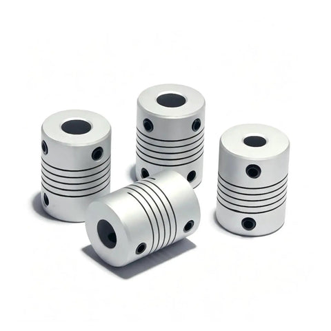 Top Tier Flexible Jaw Shaft Coupling D19 By L25 Inches With 3/6.35/8/10mm Bore Fits Stepper Motors And Encoder Gear For Engraving Machines In Great Condition! Aluminum couplings showing various bore sizes.