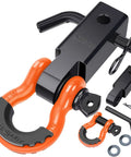 Beefy Heavy Duty Two Inch Shackle Hitch Receiver With Forty Five Thousand Pound Break Strength For Vehicle Recovery Off Road Includes Five Eighth Inch Screw Pin And Three Quarter Inch D Ring Shackles In Bright Orange And Black