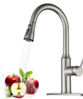 Top Shelf High Arc Pull Down Kitchen Faucet Delivering Three Quick Adjust Spray Patterns In Rust Resistant Brushed Nickel with fresh apples.