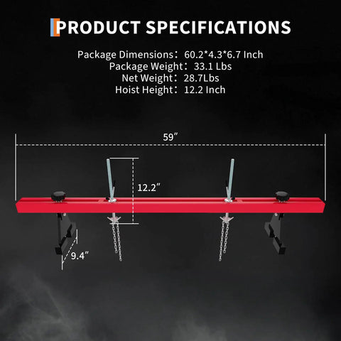 Engine Support Bar 1100 Lb Capacity With Dual Hooks And 2 Point Lift Transverse Engine Hoist For Home Garages And Auto Repair Shops Red Workhorse Tool For Engine Removal And Transmission Work, 59in steel bar