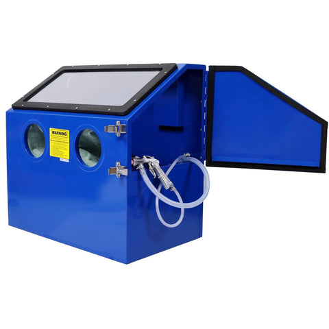 Rugged 110L Bench Top Sandblast Cabinet With Built In Gloves And LED Lighting Blue Heavy Duty Steel Construction For Precise Sandblasting Of Large Parts For DIY Home Or Pro Shop Use, side view with open door