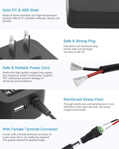 Close-up details of All-In-One 30W Universal Power Adapter components: plug, power cord, USB port, terminal connectors, materials.
