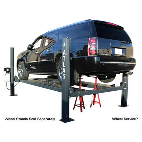 Top Shelf Four Post Vehicle Parking Lift With Massive Eight Thousand Pound Load Capacity And Heavy Duty Diamond Plate Runways For Your Weekend Wrencher Shop, featuring a raised black SUV on a sturdy lift.