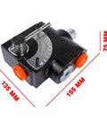 Hydraulic adjustable flow control valve with relief, 1/2 in NPT, black metal body, orange adjustment caps, angled front view