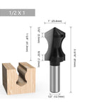 Top Notch 1/2 Inch Pointed Arc Slotting Router Bit For Baseboard Molding With Black Handle beside woodwork piece, showing dimensions.