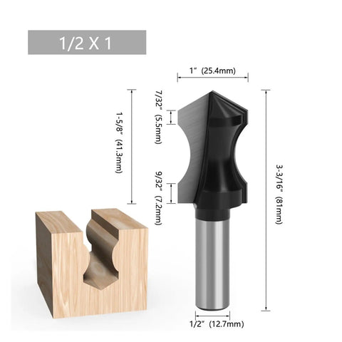 Top Notch 1/2 Inch Pointed Arc Slotting Router Bit For Baseboard Molding With Black Handle beside woodwork piece, showing dimensions.