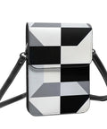 Super Chic Black And White Piano Grid Phone Pouch With Adjustable Crossbody Strap, showing geometric design and shoulder strap.