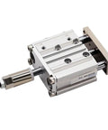 Compact Pneumatic Cylinder And Air Actuator With Three Axis Guide Featuring Adjustable Stroke For Seamless Control Available In 20 MM Or 25 MM Bore Options, aluminum body.