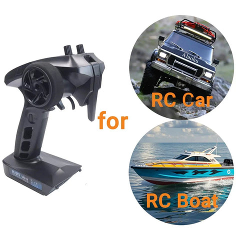6 Channel RC Transmitter with FS BS6 Gyro Receiver next to images of RC car and boat